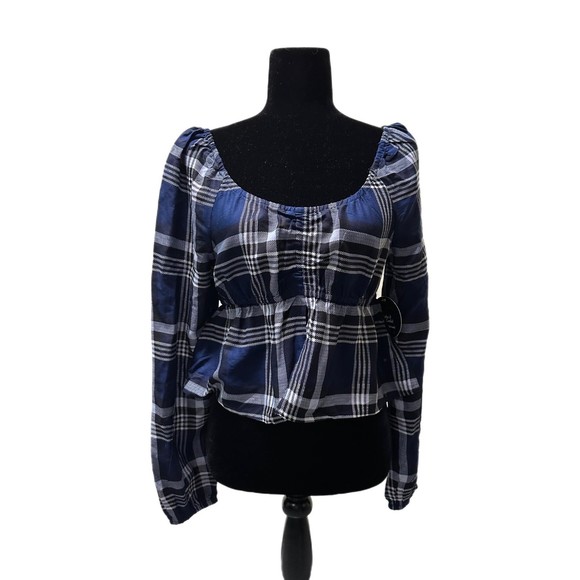 Jolie & Joy Long Sleeve Blue Drawstring Plaid Crop Top, Large, NWT - Picture 1 of 6
